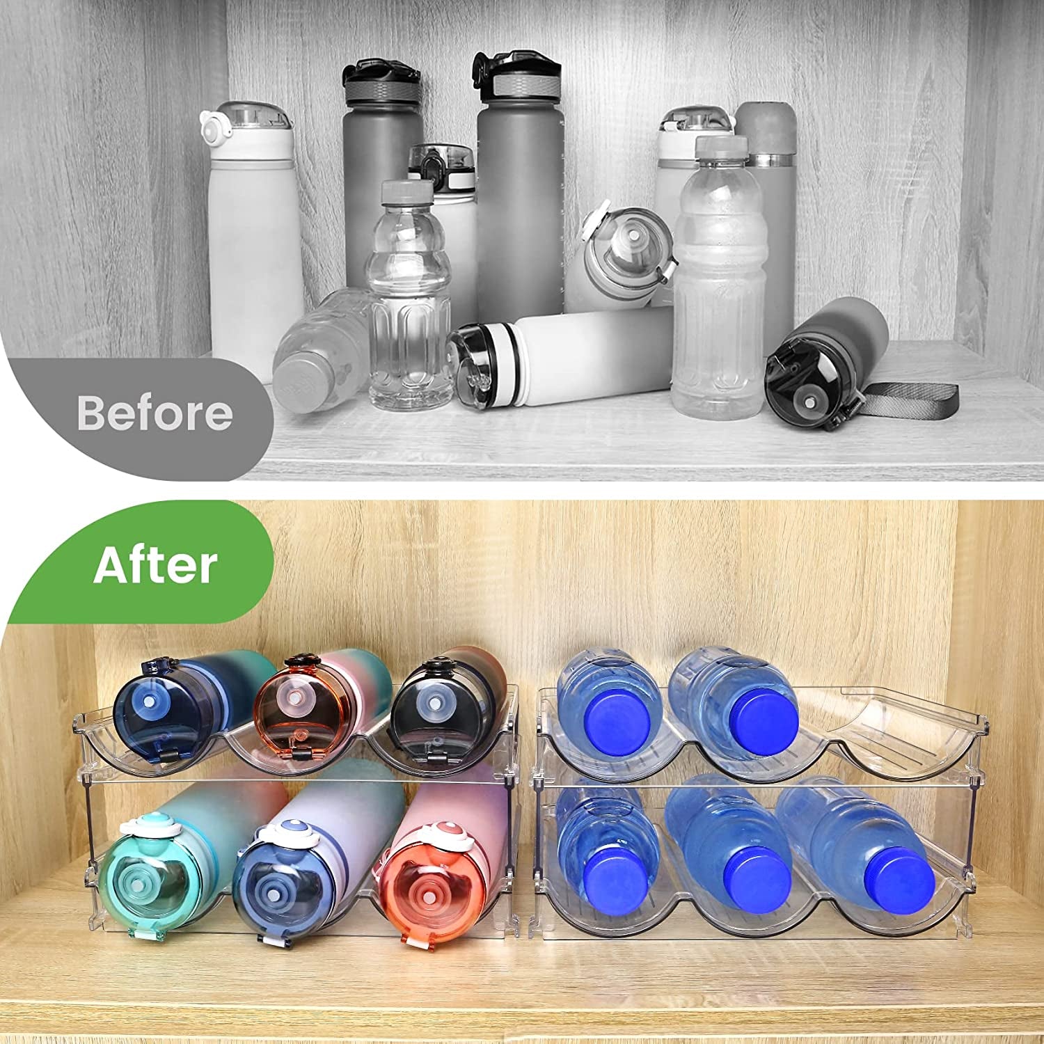 Water bottle organizer for cabinet neatly storing various water bottles in an organized wooden cabinet