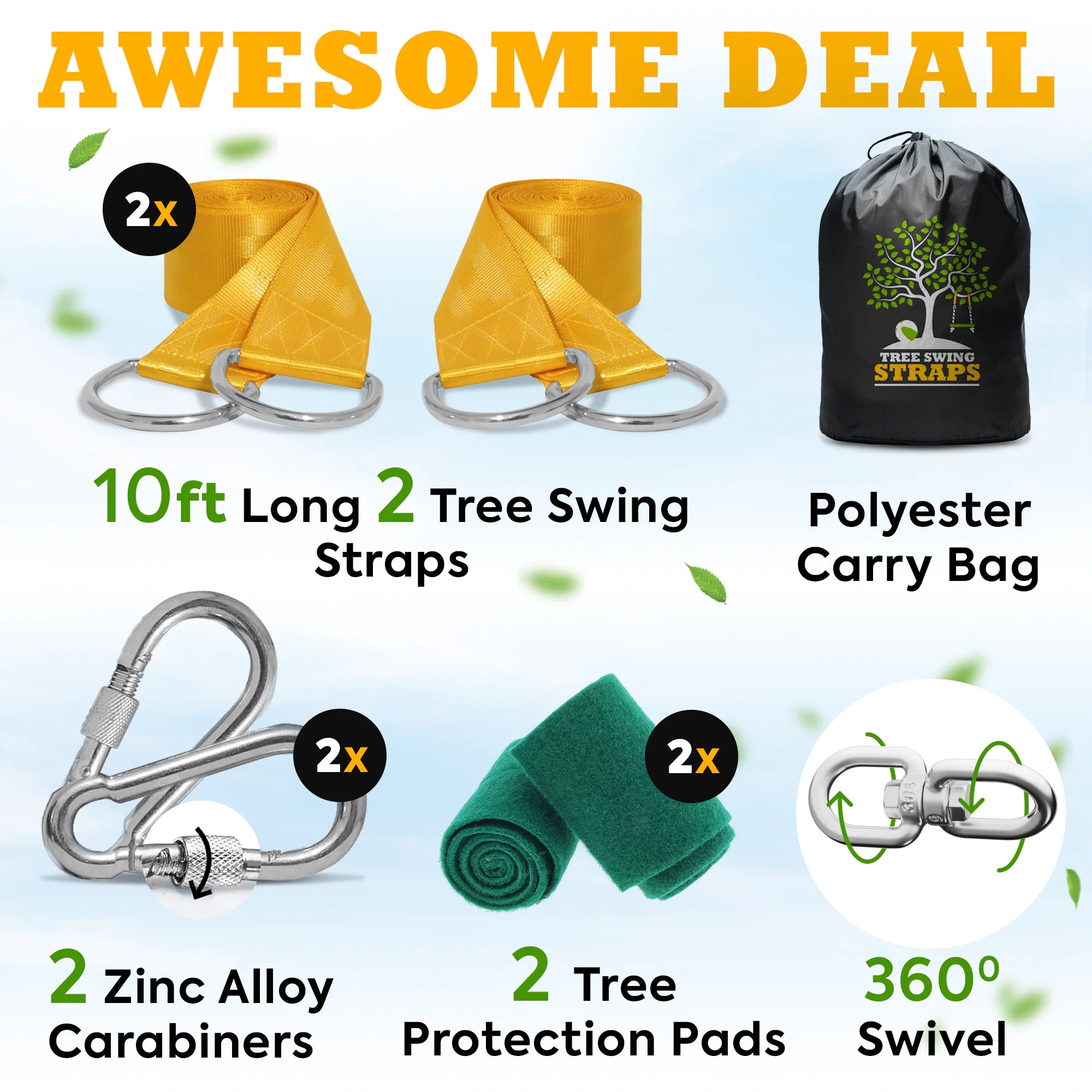 Craques tree swing hanging kit with 10ft straps, zinc alloy carabiners, protection pads, and carry bag