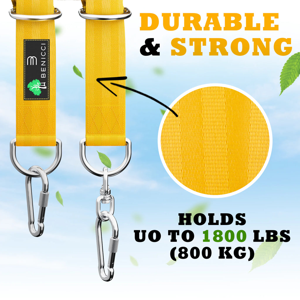 Durable and strong yellow tree swing hanging kit with metal carabiners holding up to 1800 lbs