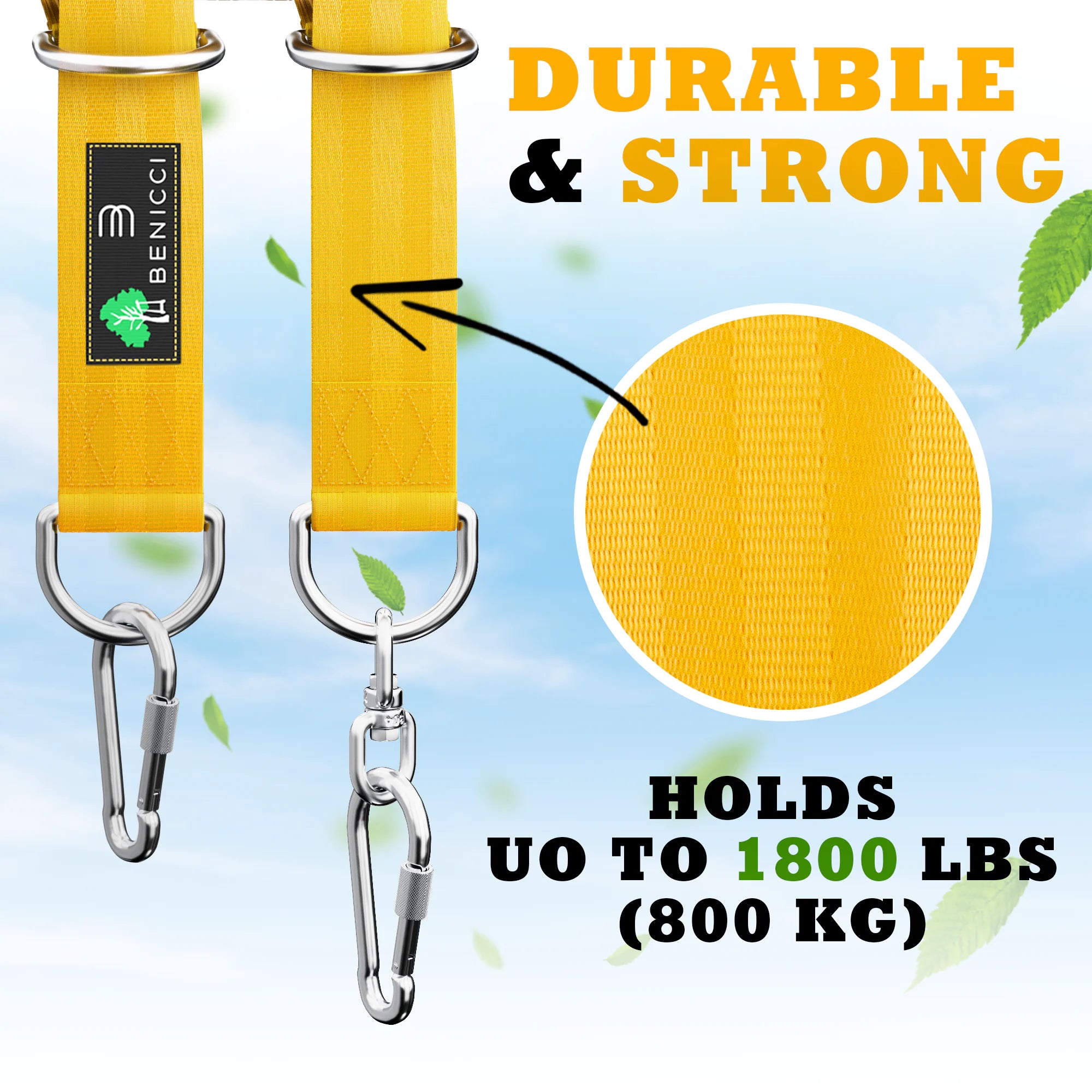 Durable and strong yellow tree swing hanging kit with metal carabiners holding up to 1800 lbs