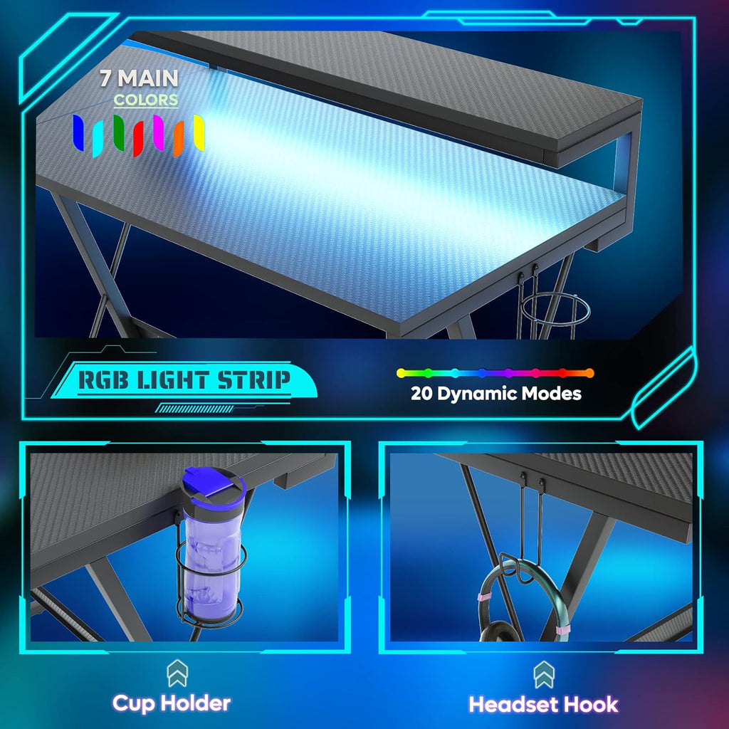 Craques L shaped gaming desk with LED featuring RGB light strip, cup holder, and headset hook