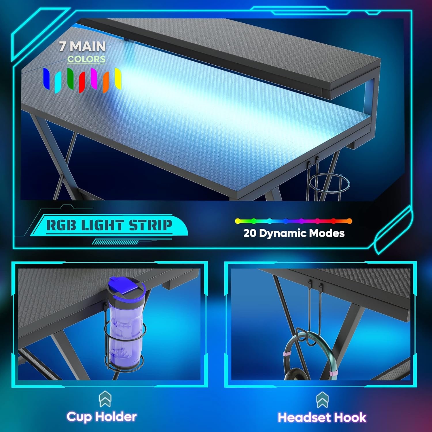 Craques L shaped gaming desk with LED featuring RGB light strip, cup holder, and headset hook