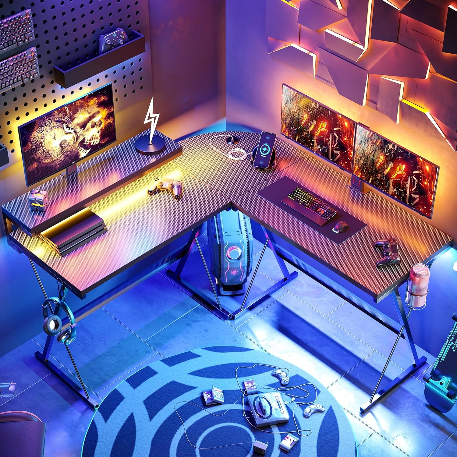 Craques L shaped gaming desk with LED lighting setup with dual monitors and gaming accessories