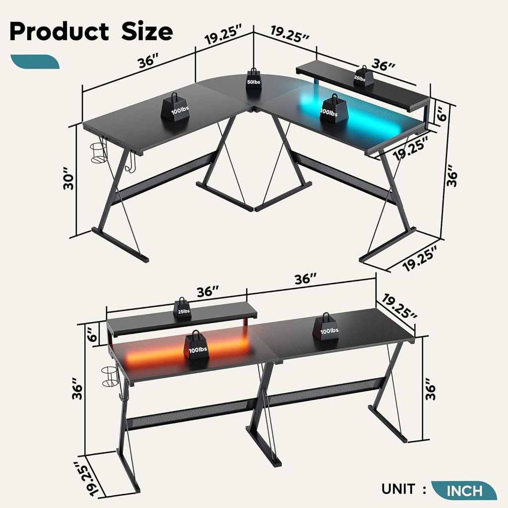 L shaped gaming desk with LED lights in blue and orange showing detailed dimensions in inches