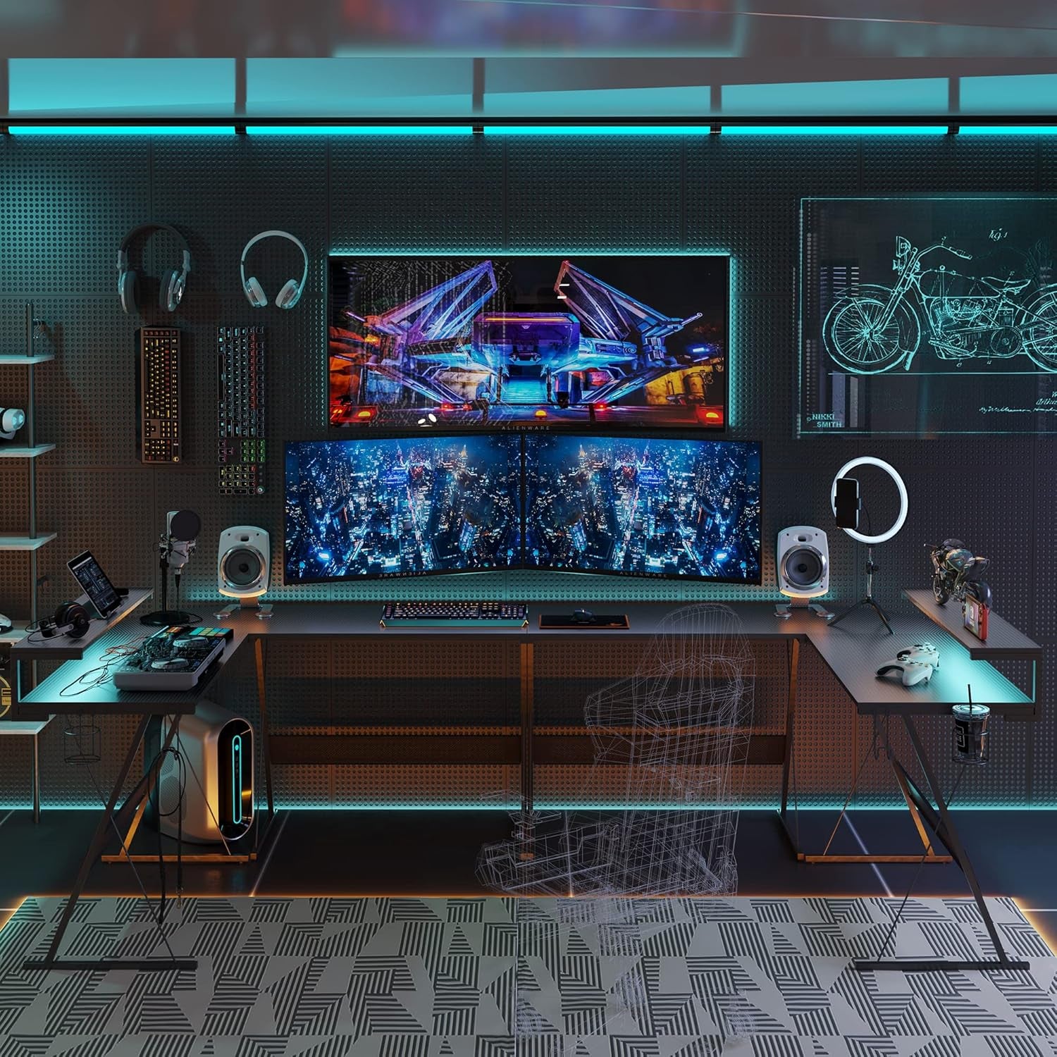 Craques L shaped gaming desk with LED lights featuring dual monitors and gaming accessories setup