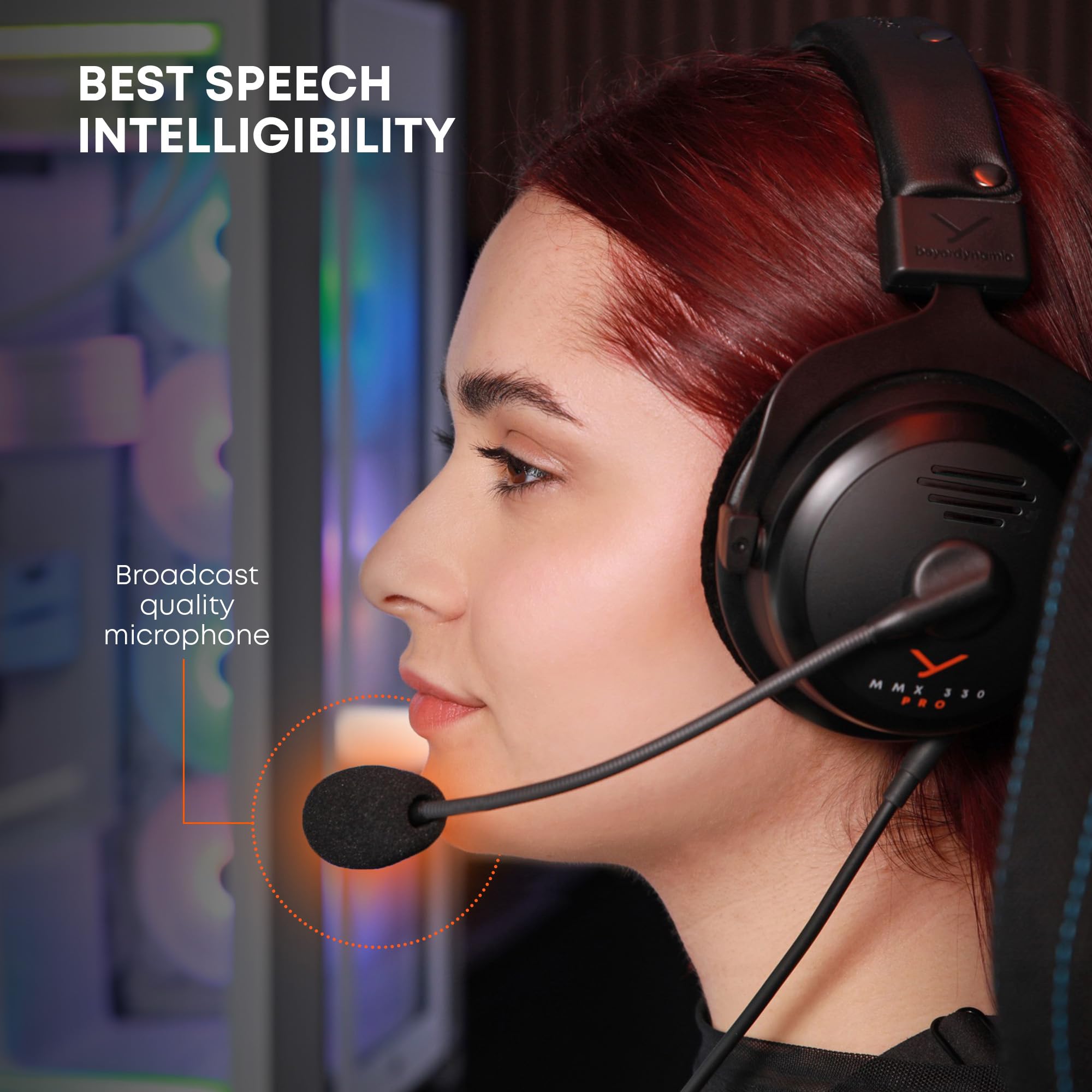 Close-up of a woman wearing a beyerdynamic MMX 300 PRO gaming headset with a broadcast quality microphone