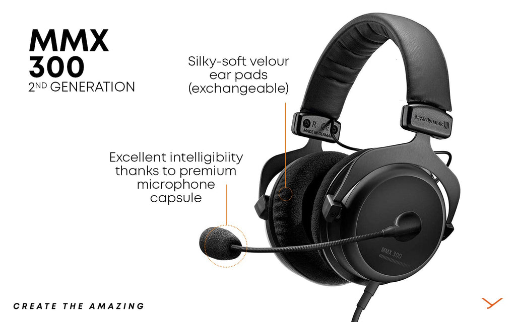 beyerdynamic MMX 300 PRO gaming headset with silky-soft velour ear pads and premium microphone capsule