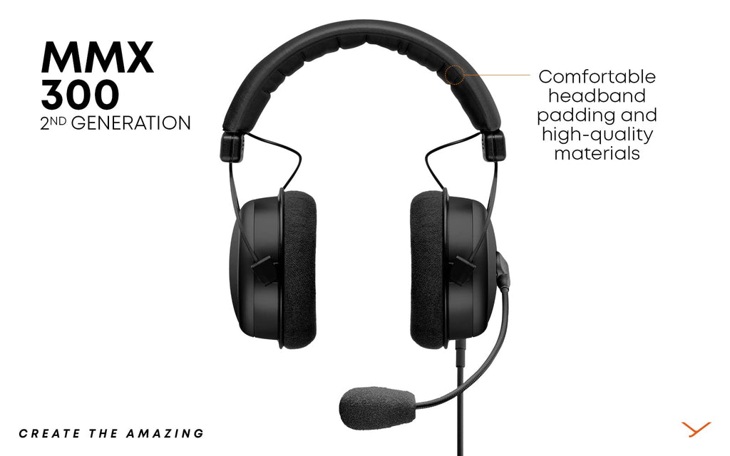 beyerdynamic MMX 300 PRO gaming headset with comfortable headband padding and high-quality materials