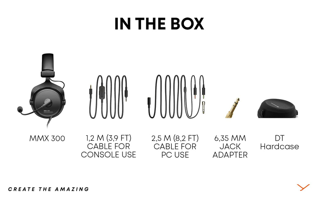 beyerdynamic MMX 300 PRO gaming headset and included accessories with cables and hardcase