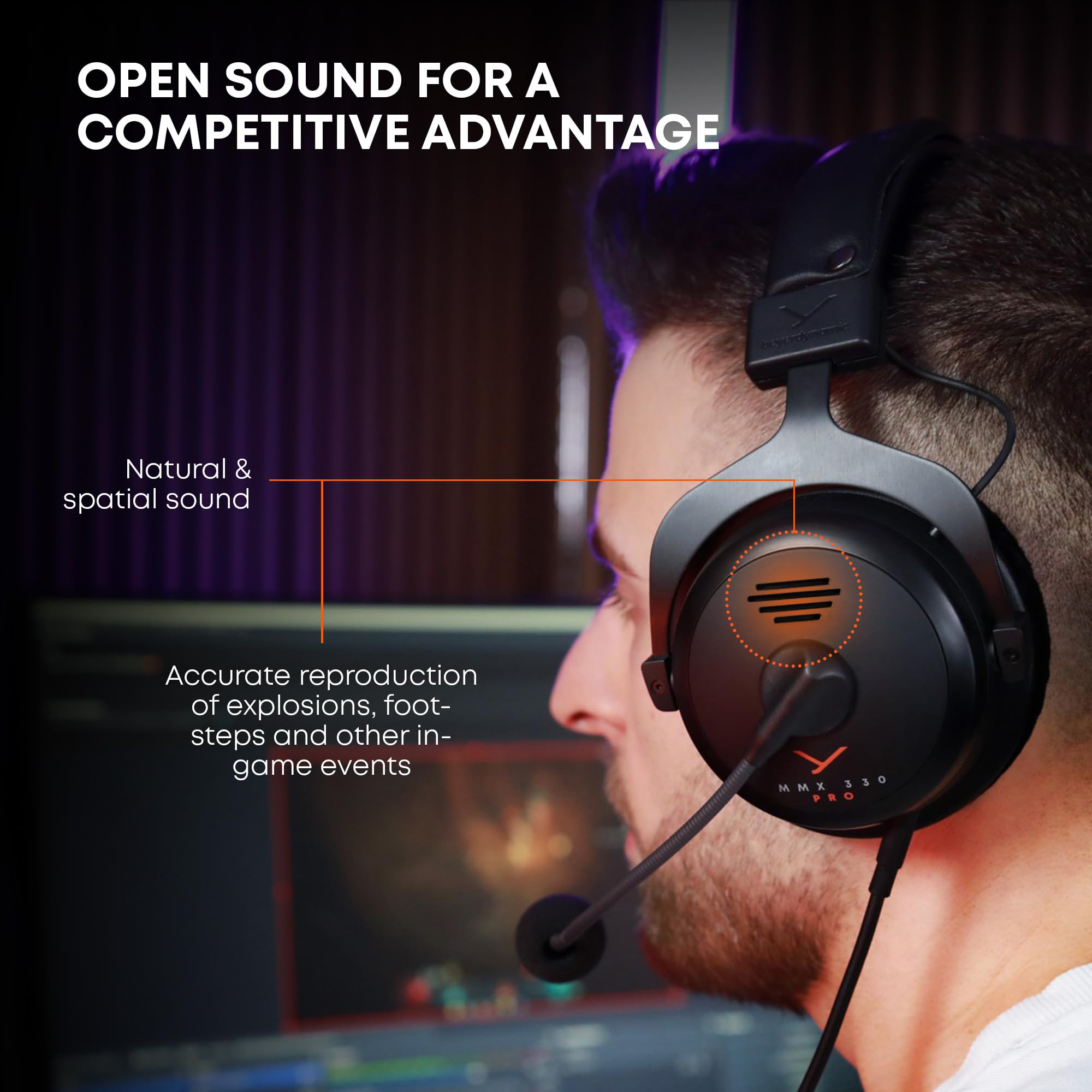 Gamer wearing beyerdynamic MMX 300 PRO gaming headset with microphone for accurate sound reproduction