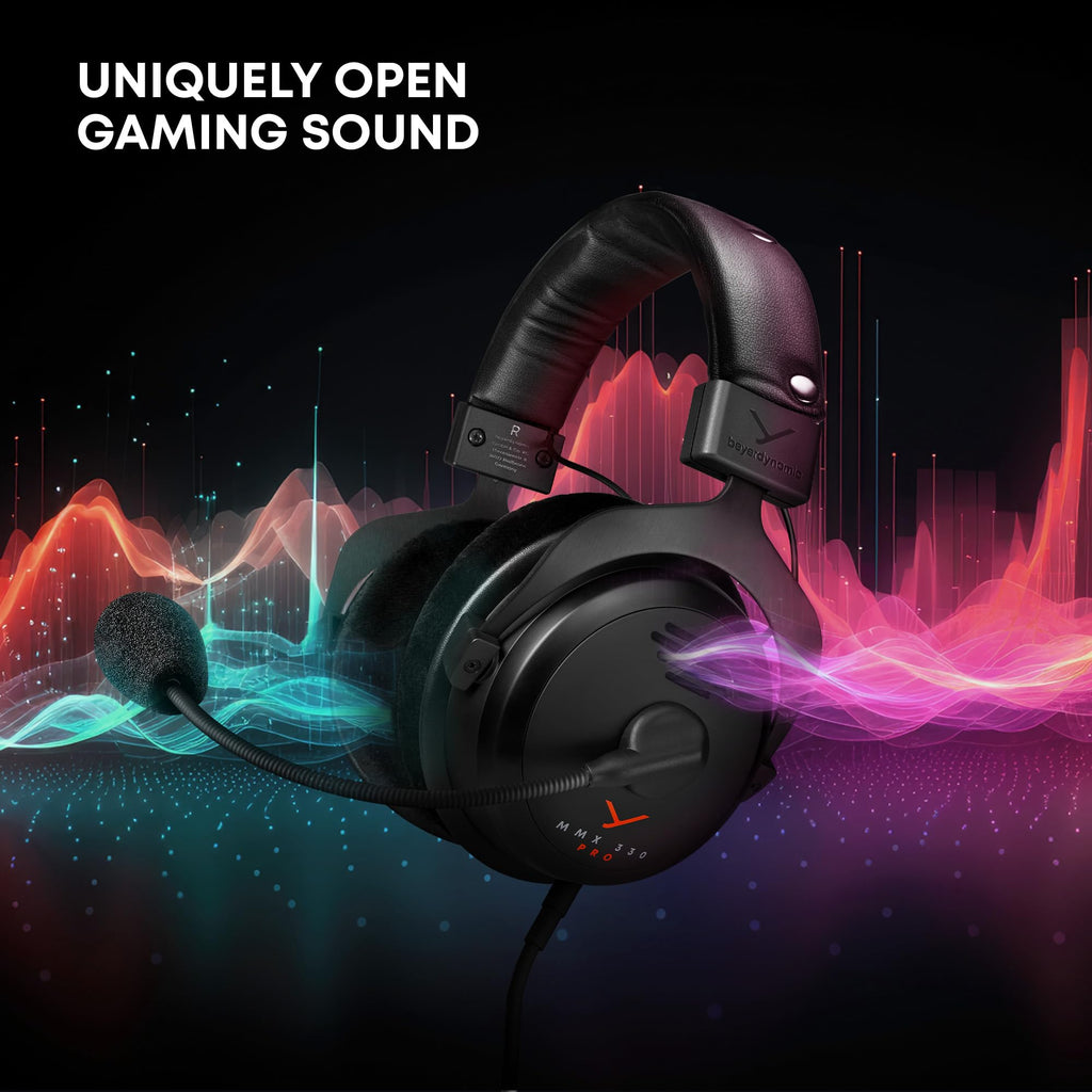 beyerdynamic MMX 300 PRO gaming headset with black cushioned ear cups and adjustable
