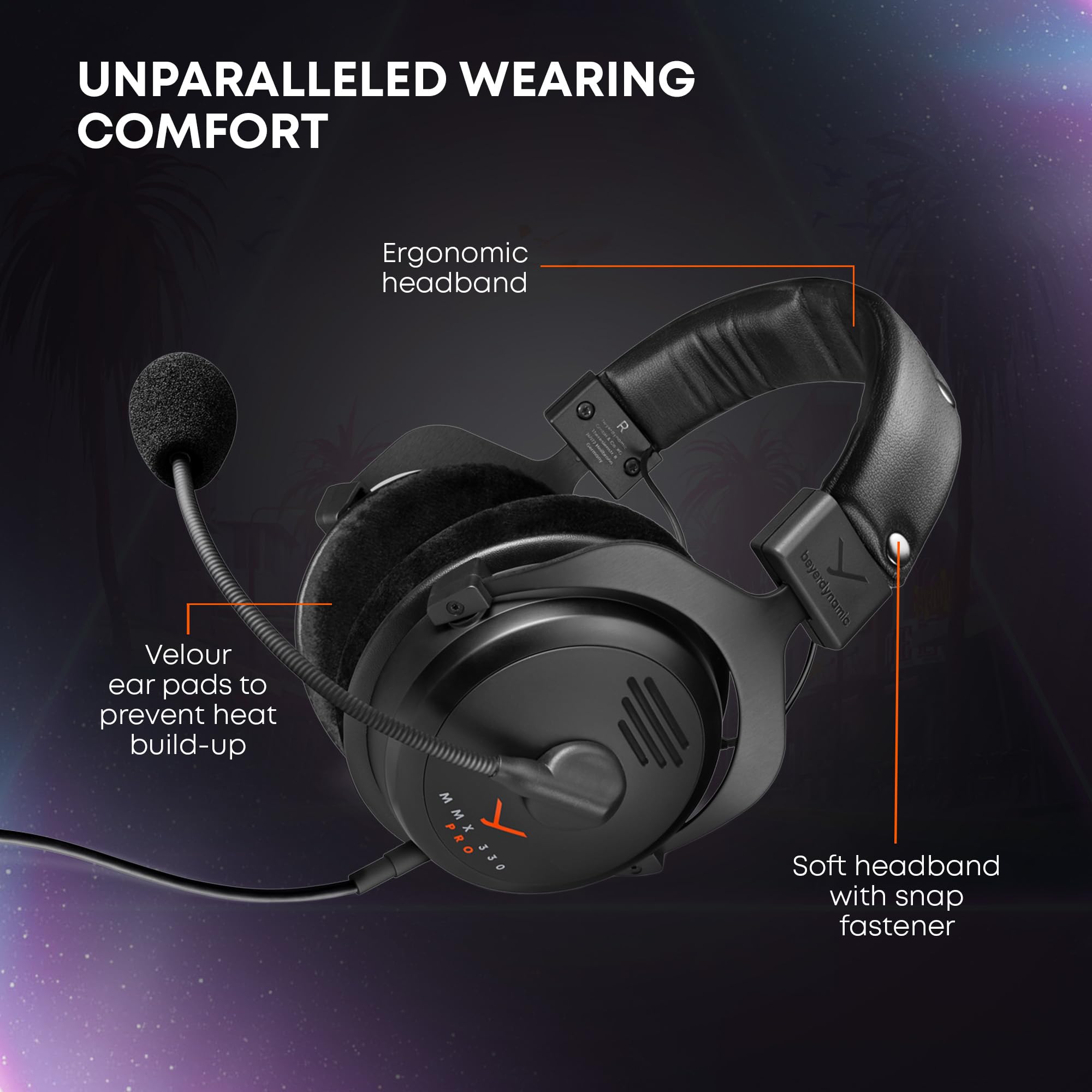 beyerdynamic MMX 300 PRO gaming headset with ergonomic headband and velour ear pads for comfort