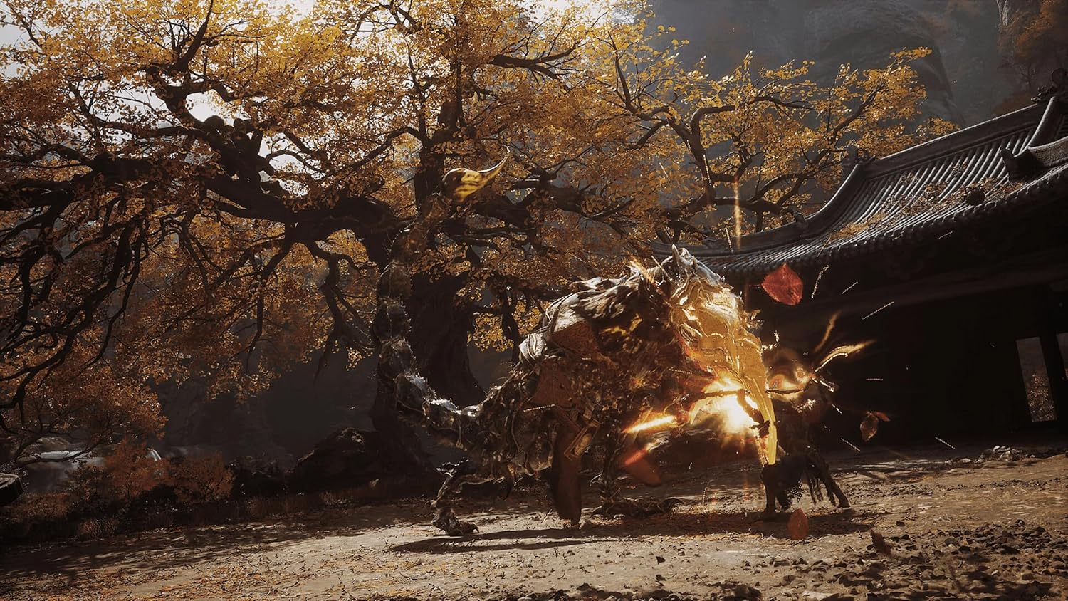 Epic battle scene from Black Myth Wukong PS5 featuring a fierce creature in a mystical autumn forest