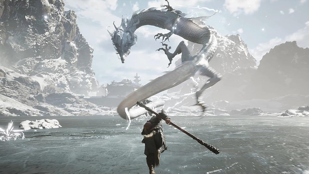 Black Myth Wukong PS5 game scene showing a warrior facing a large electric dragon in snowy mountains