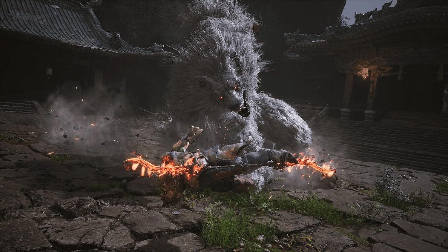 Black Myth Wukong PS5 game scene showing a fiery warrior fighting a large wolf in an ancient temple