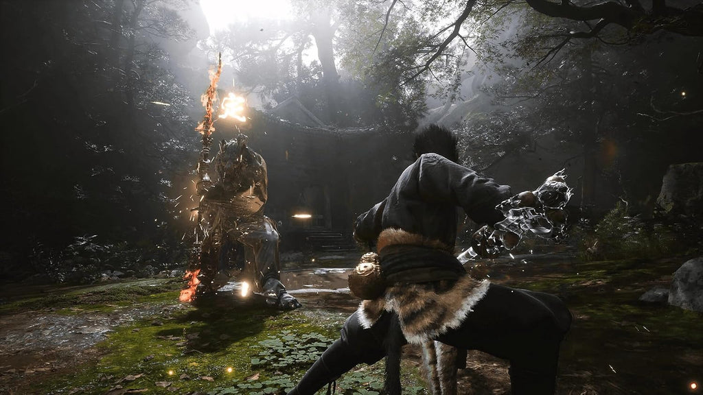 Black Myth Wukong PS5 gameplay scene featuring intense combat in a dark forest setting