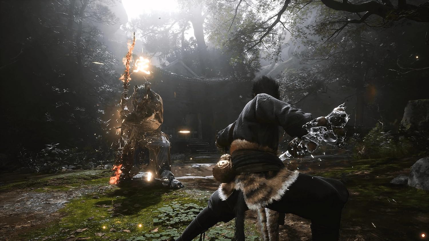 Black Myth Wukong PS5 gameplay scene featuring intense combat in a dark forest setting