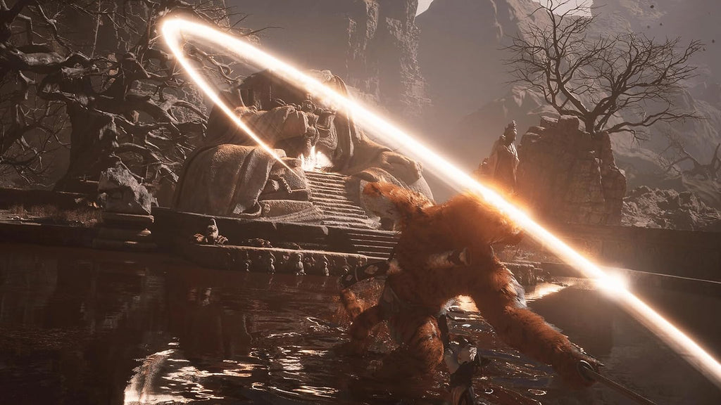 Black Myth Wukong PS5 gameplay scene showing a character with a glowing staff in a rocky environment