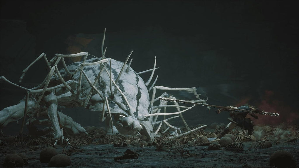 Black Myth Wukong PS5 game scene showing a character battling a giant spider monster in a dark environment