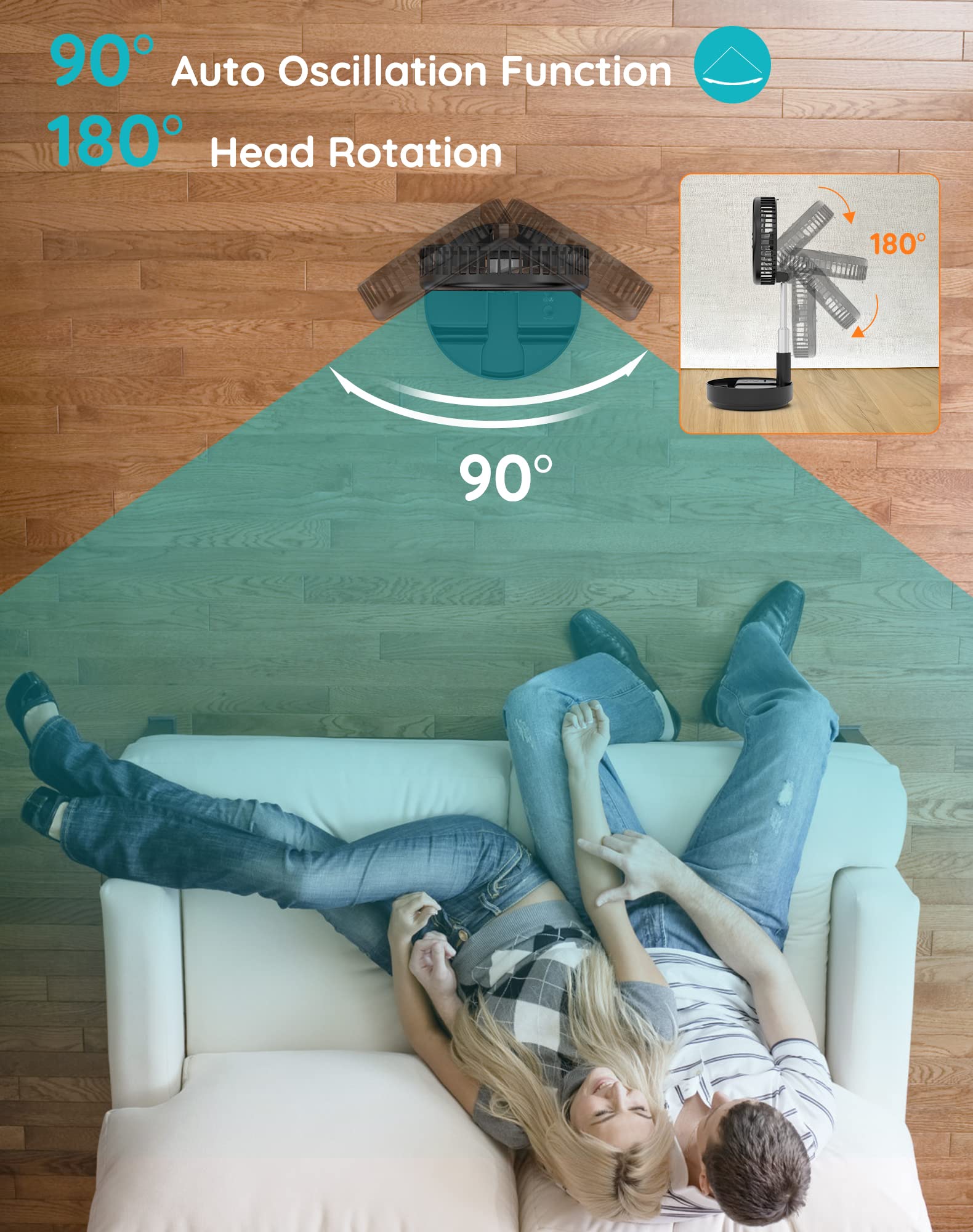 Portable rechargeable standing fan with 90 degree auto oscillation and 180 degree head rotation