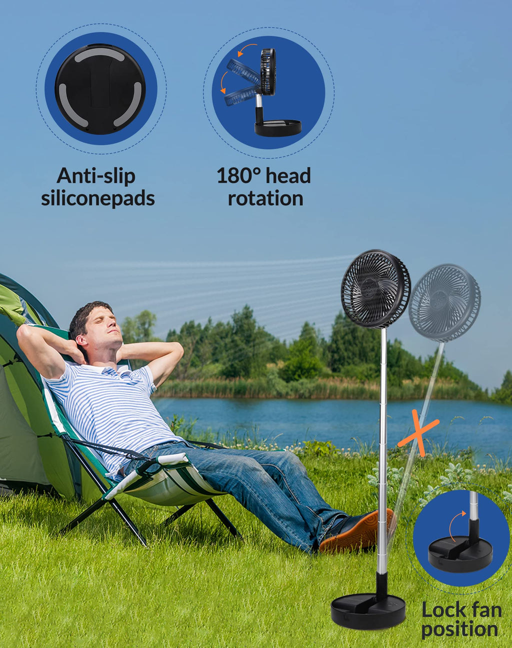 Portable rechargeable standing fan with 180 degree head rotation and anti slip silicone pads for outdoor use