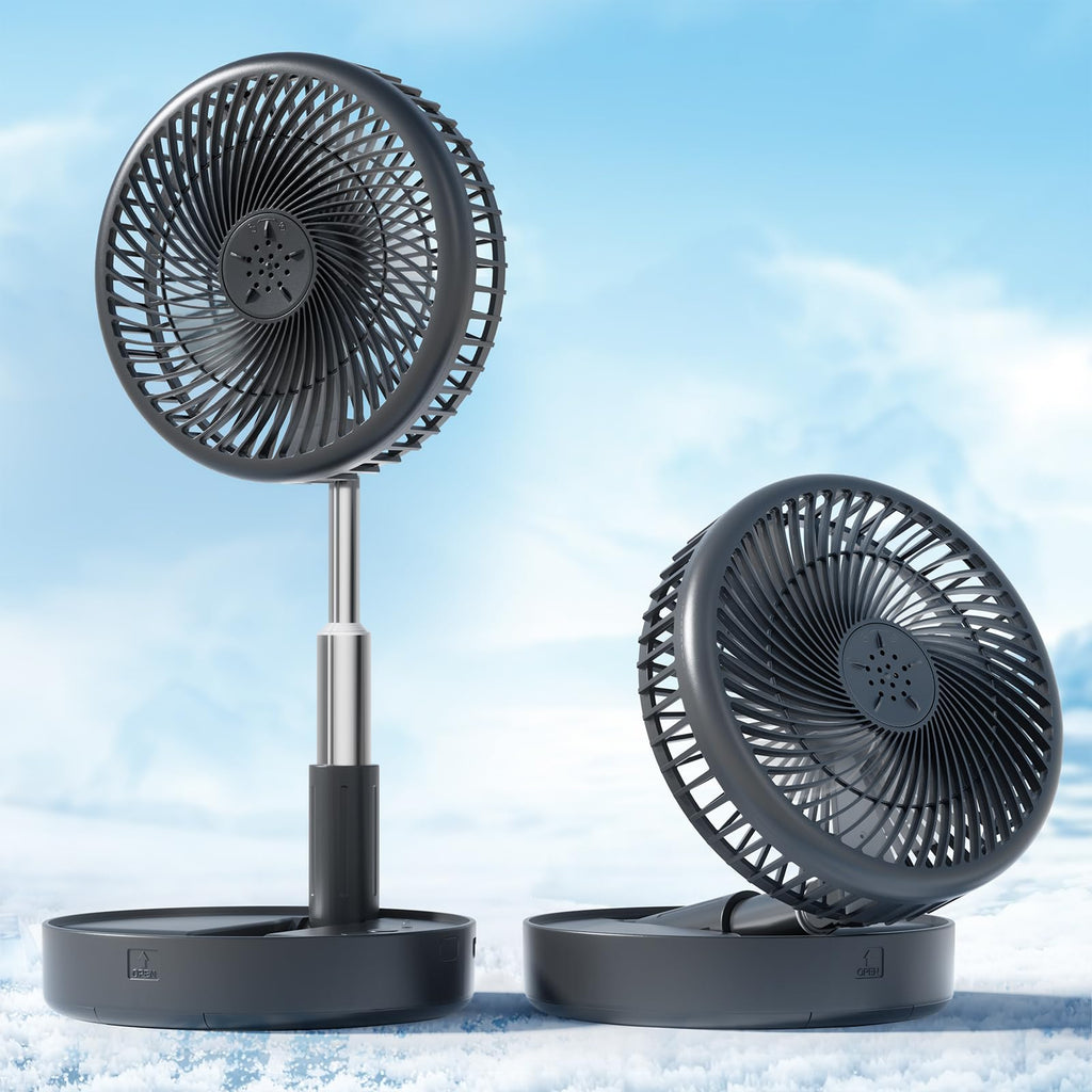Craques portable rechargeable standing fan in black shown extended and folded for easy use and transport