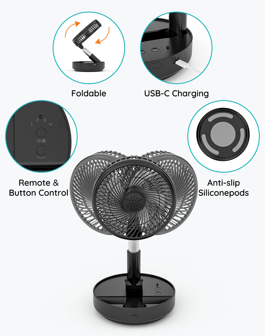 Craques portable rechargeable standing fan with foldable design USB-C charging remote control and anti-slip silicone pods