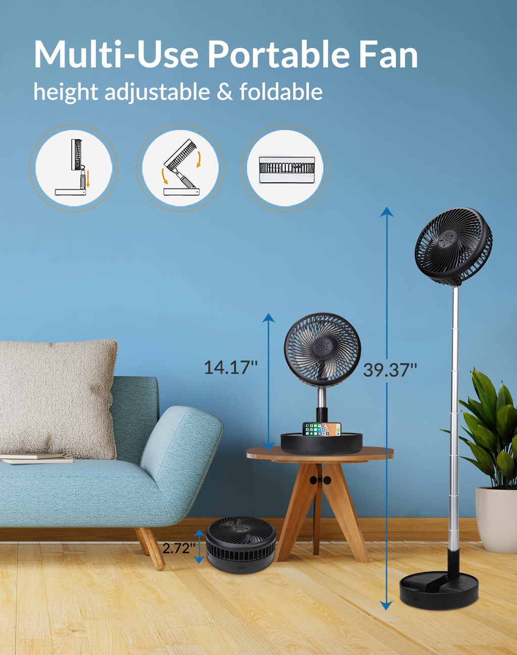 Craques portable rechargeable standing fan with adjustable height and foldable design in living room
