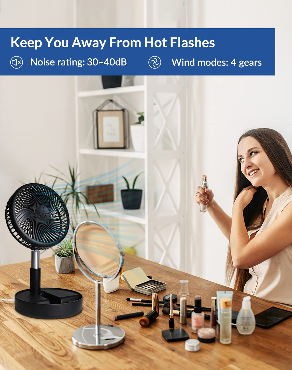Craques portable rechargeable standing fan on wooden table with makeup products and smiling woman