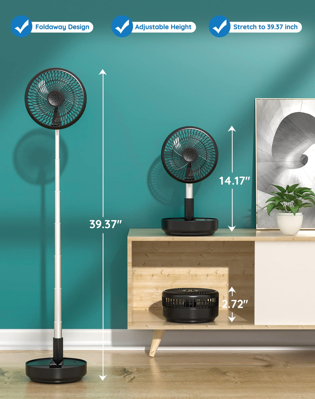 Craques portable rechargeable standing fan with foldaway design and adjustable height up to 39.37 inches