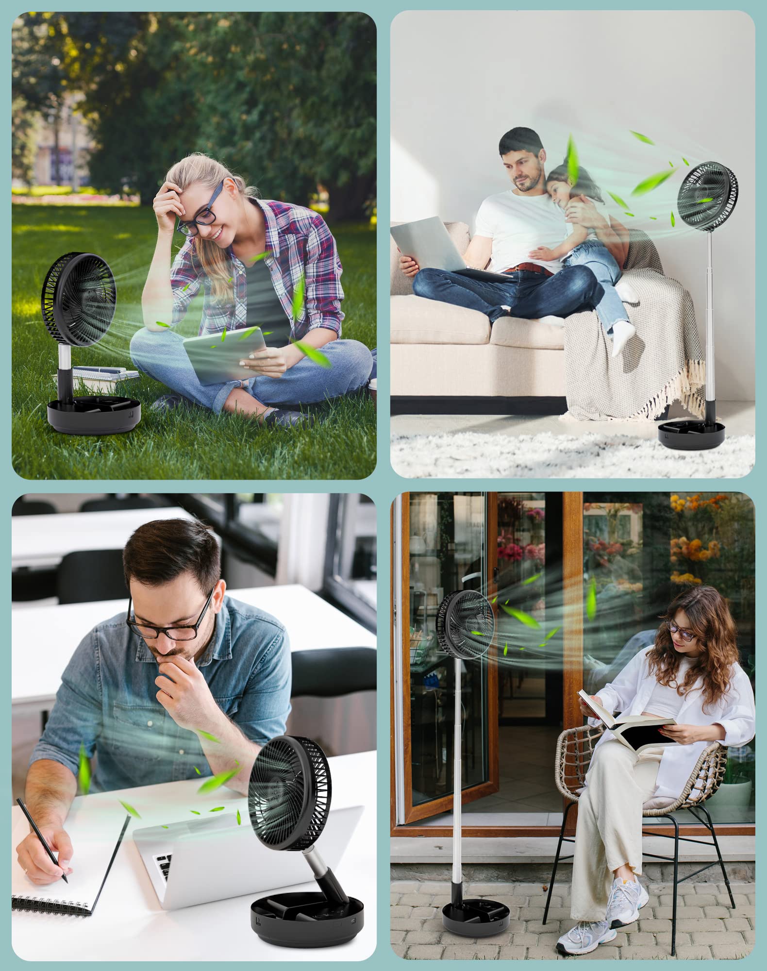 Portable rechargeable standing fan shown in various settings including outdoor, living room, office, and patio use