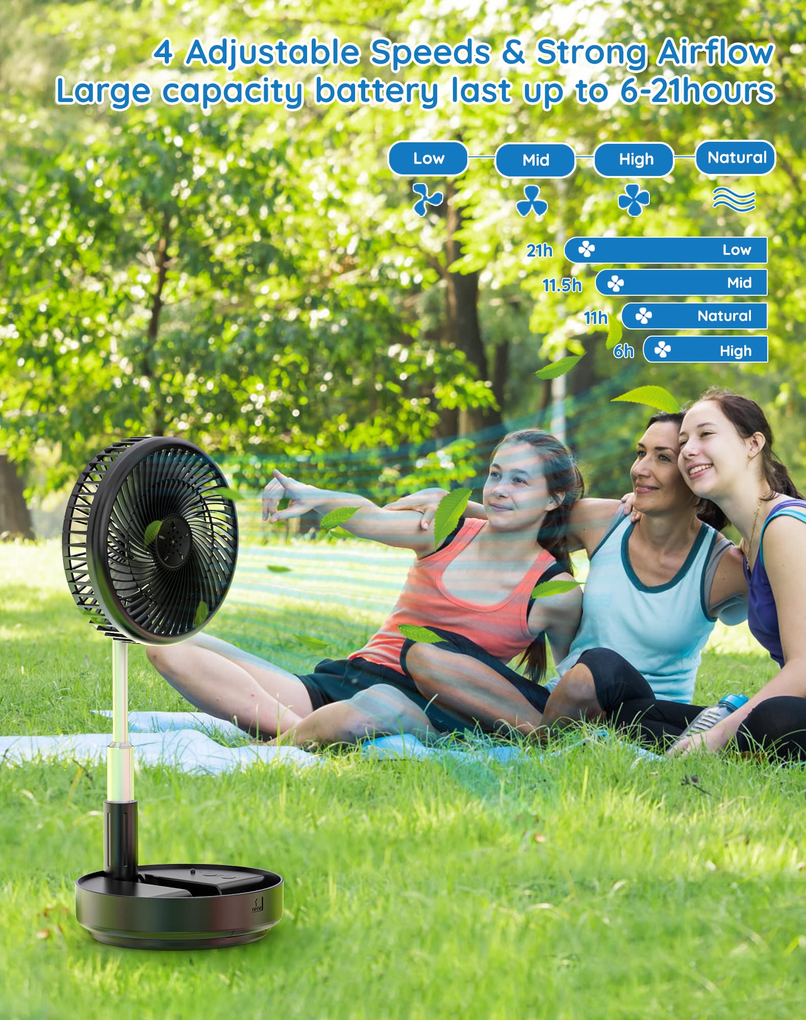 Craques portable rechargeable standing fan with 4 adjustable speeds and long-lasting battery in outdoor park setting