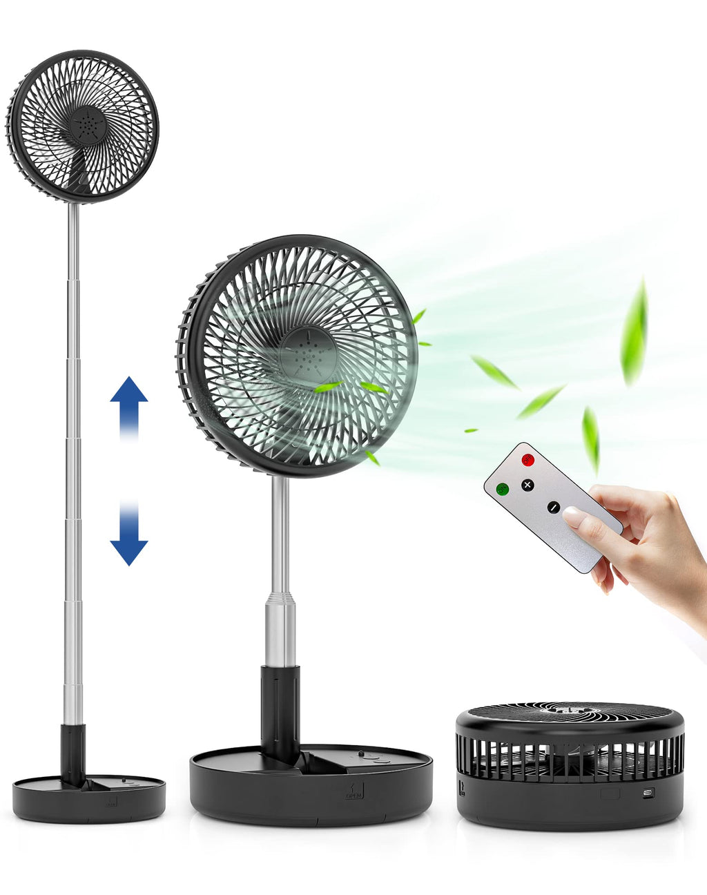 Craques portable rechargeable standing fan shown in three modes with remote control and adjustable height