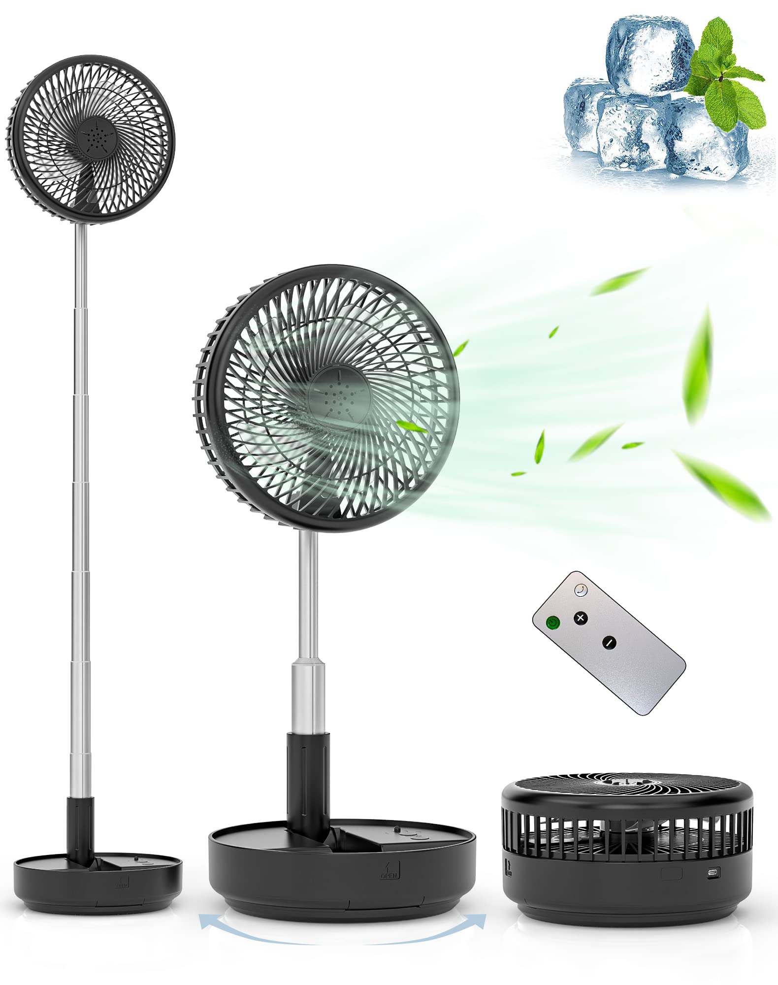 Portable rechargeable standing fan by craques shown in extended, mid, and folded positions with remote control and cool airflow