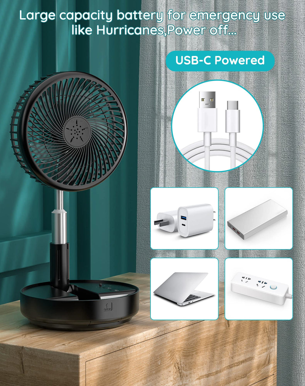 Craques portable rechargeable standing fan with large battery and USB-C power connection on wooden table