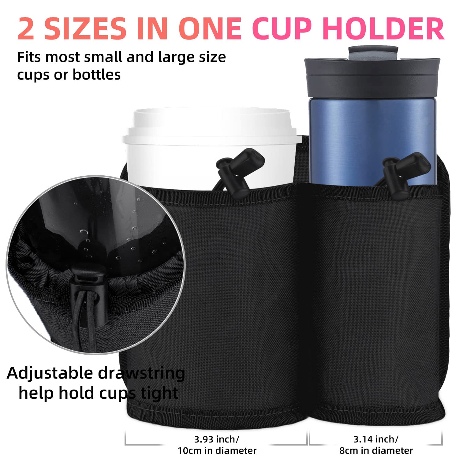 Craques travel cup holder for luggage fits small and large cups with adjustable drawstring