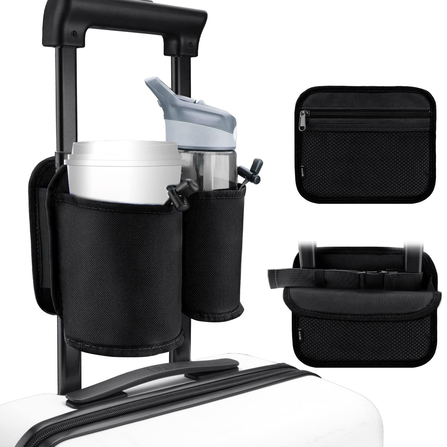 Craques travel cup holder for luggage with dual pockets and zipper compartment on suitcase handle