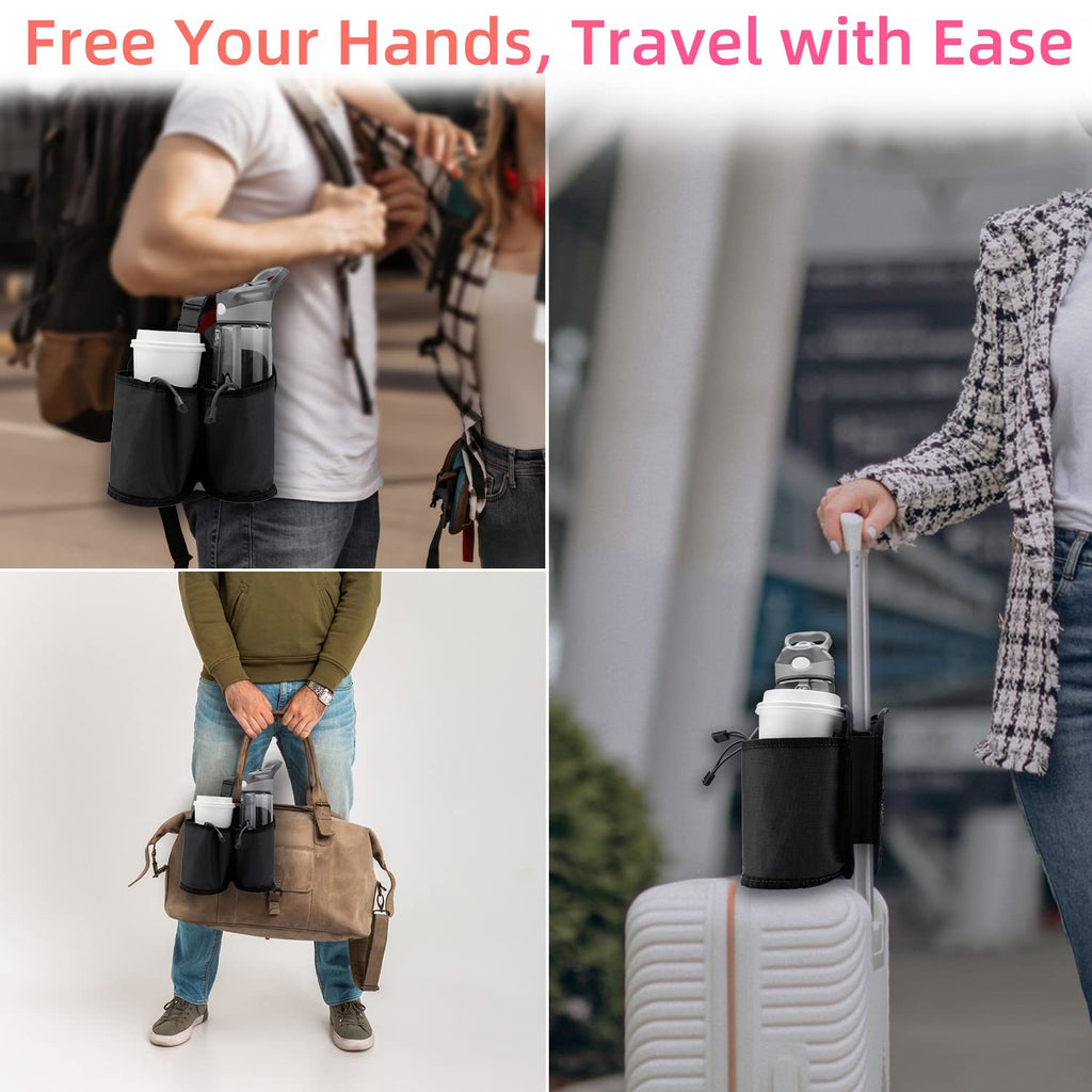 Travel cup holder for luggage attached to backpack, handbag, and suitcase for hands-free convenience