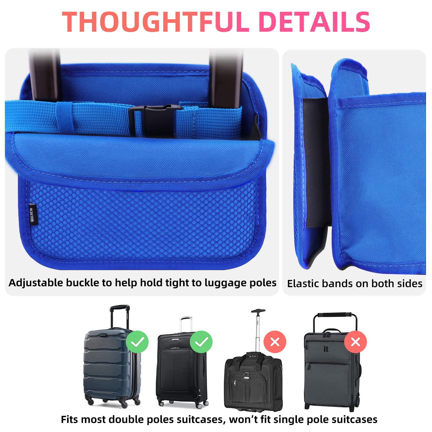 Blue travel cup holder for luggage with adjustable buckle and elastic bands for double pole suitcases