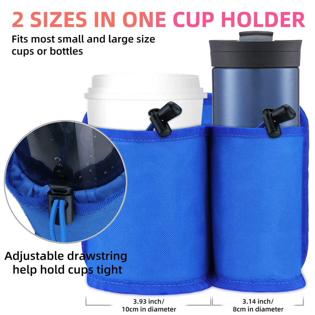 Blue travel cup holder for luggage with two adjustable compartments for small and large cups or bottles