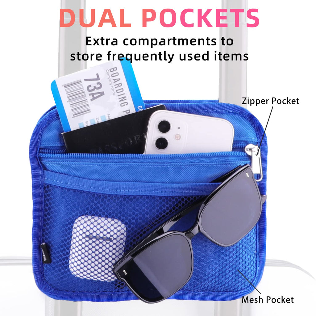 Blue travel cup holder for luggage with dual pockets holding sunglasses phone and boarding pass