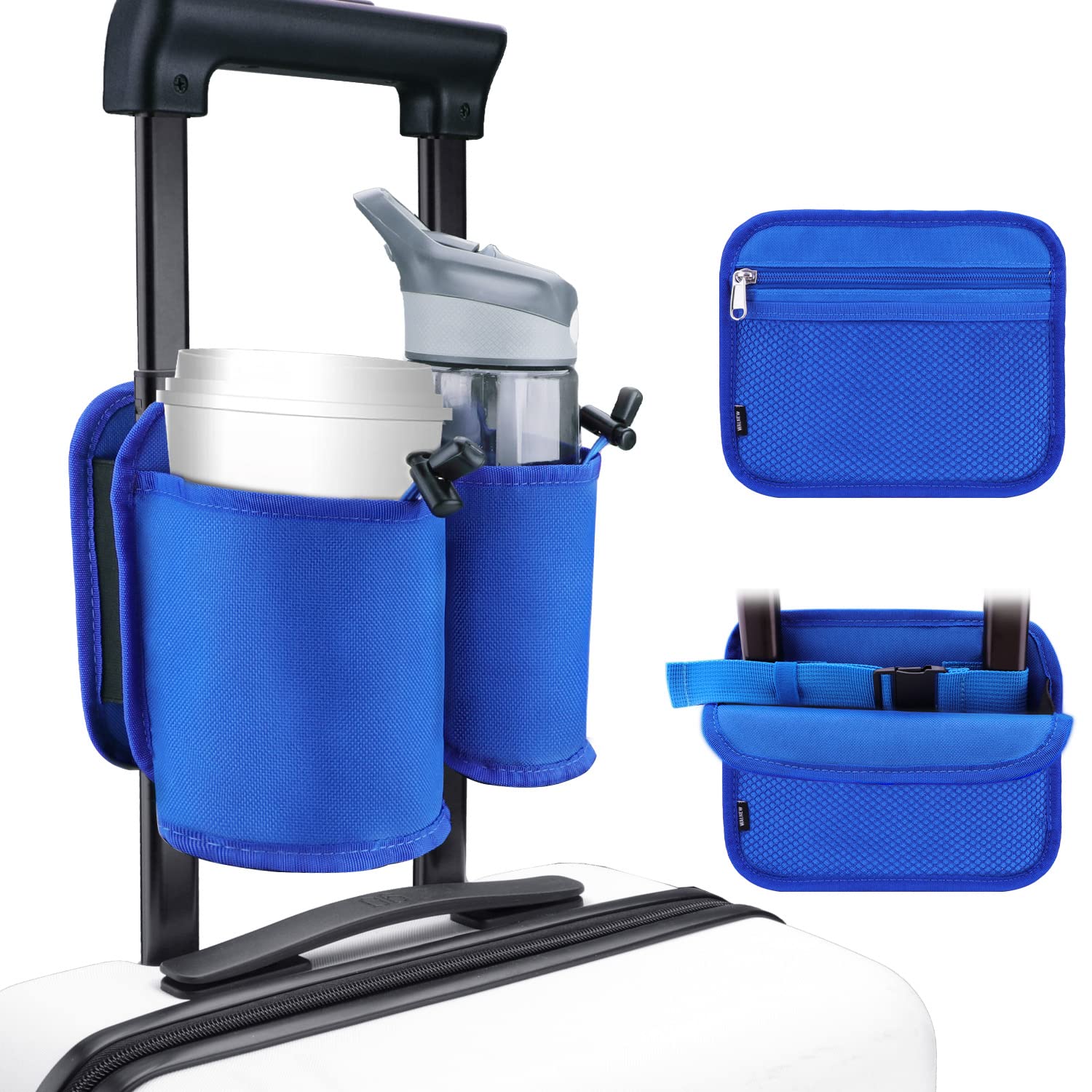 Blue travel cup holder for luggage attached to suitcase handle with storage pockets
