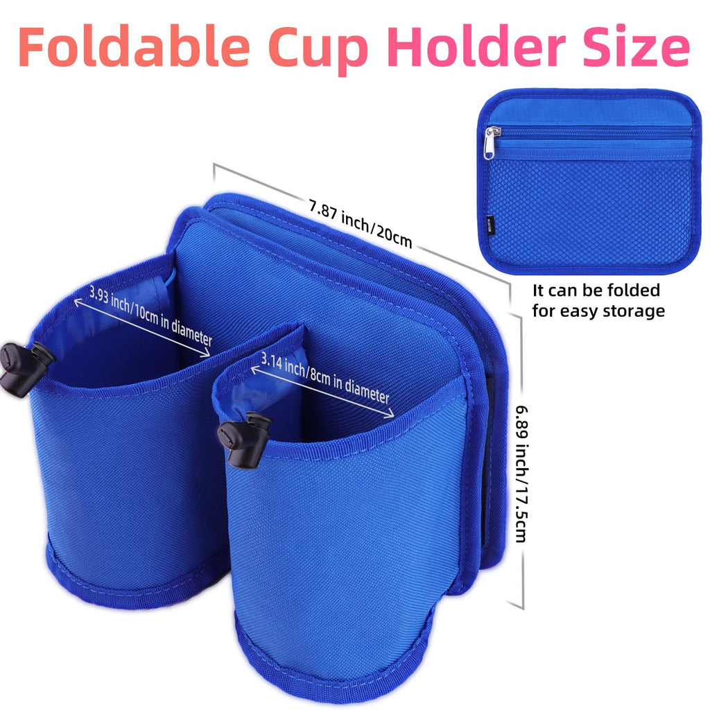Blue foldable travel cup holder for luggage with dual compartments and zippered storage pocket