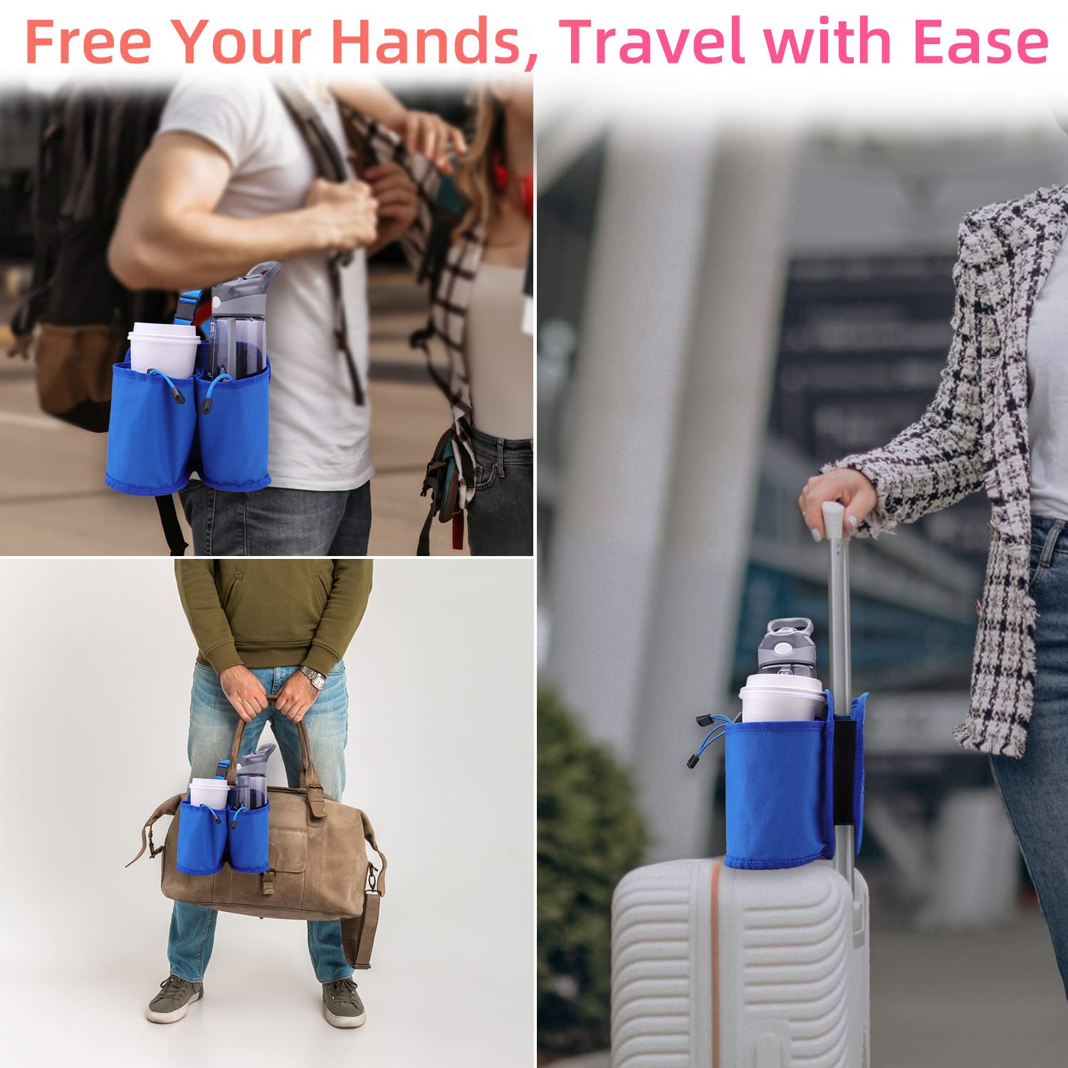 Craques blue travel cup holder for luggage attached to backpack, suitcase handle, and duffel bag for hands-free convenience