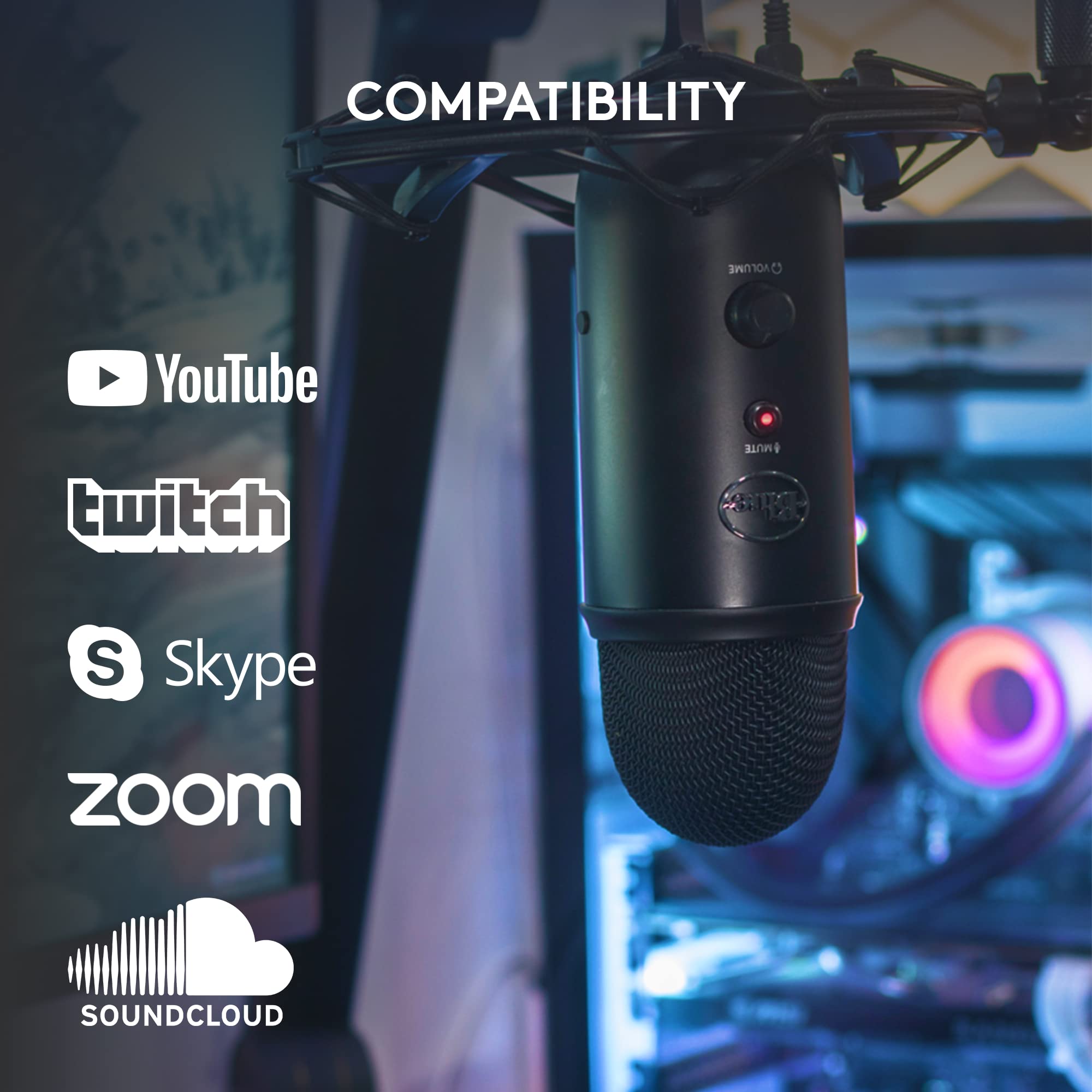 Blue Yeti USB microphone for streaming showing compatibility with YouTube Twitch Skype Zoom and SoundCloud