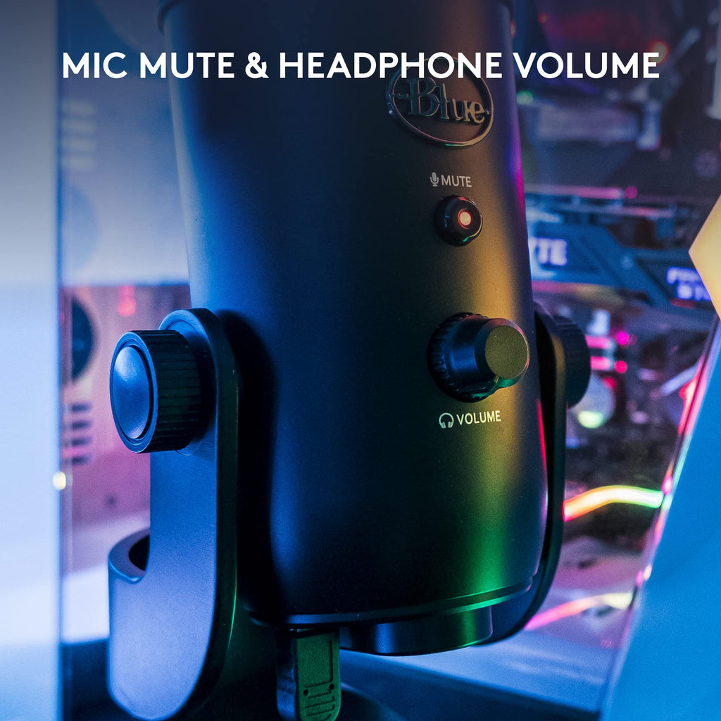 Blue Yeti USB microphone for streaming showing mic mute button and headphone volume control