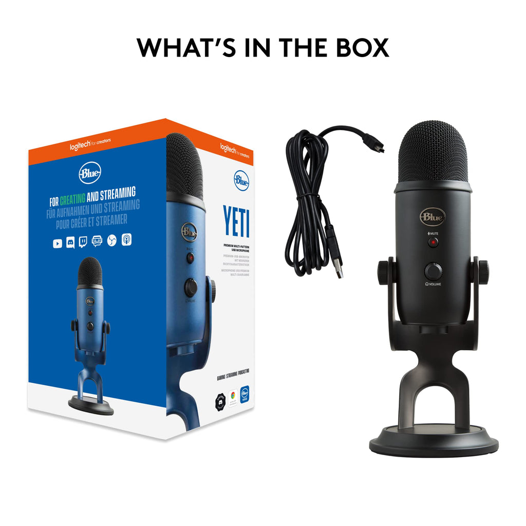Blue Yeti USB microphone for streaming with stand and USB cable included in packaging by craques