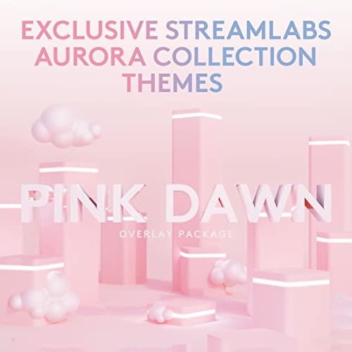 Exclusive Streamlabs Aurora Collection Themes Pink Dawn overlay package with pastel pink cityscape background