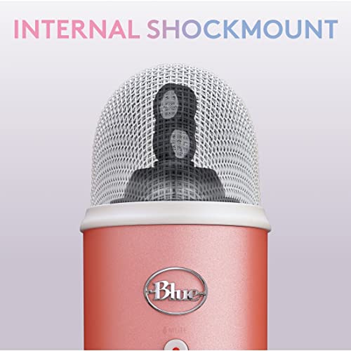 Close-up of Blue Yeti USB microphone for streaming in pink showing internal shockmount feature