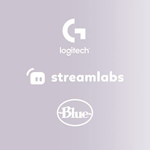 Logitech, Streamlabs, and Blue logos on a light purple background